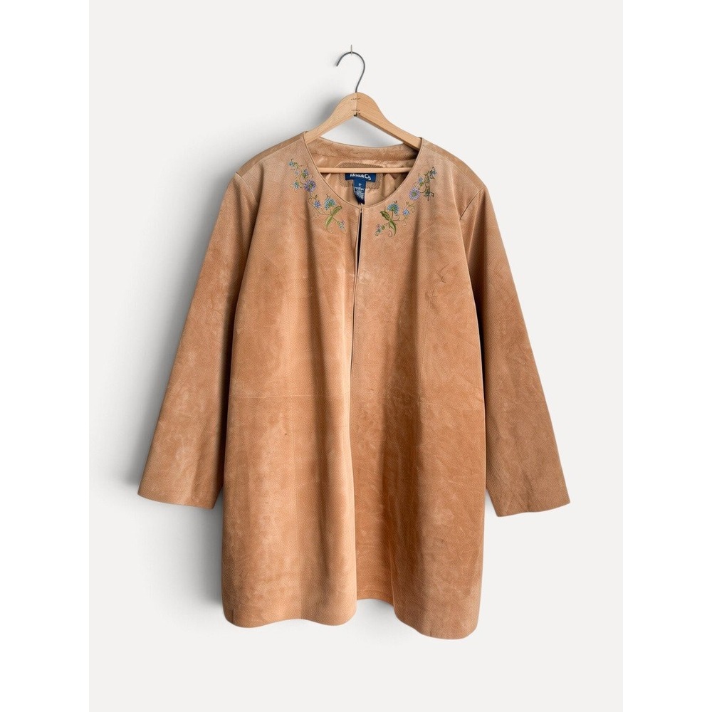 Denim & Co Leather Jacket Floral Embroidered Suede Tan 3X Open Front Boho Coat